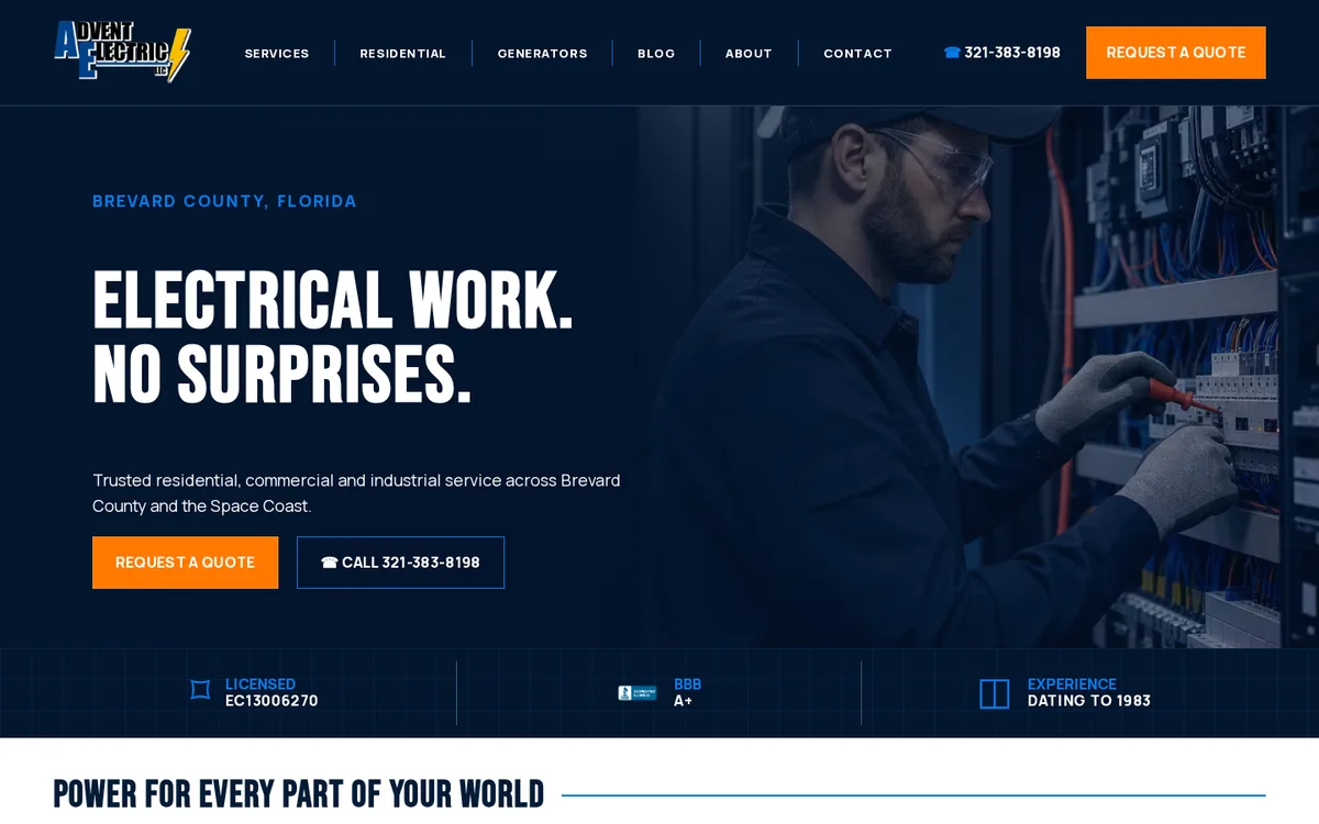 Advent Electric website designed by GreaterLink