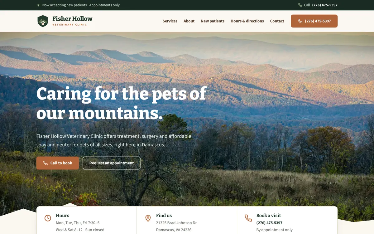 Fisher Hollow Veterinary Clinic website designed by GreaterLink