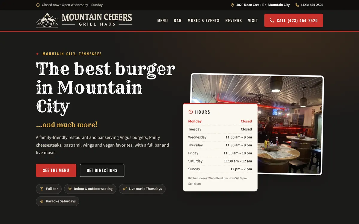Mountain Cheers Grill Haus website designed by GreaterLink