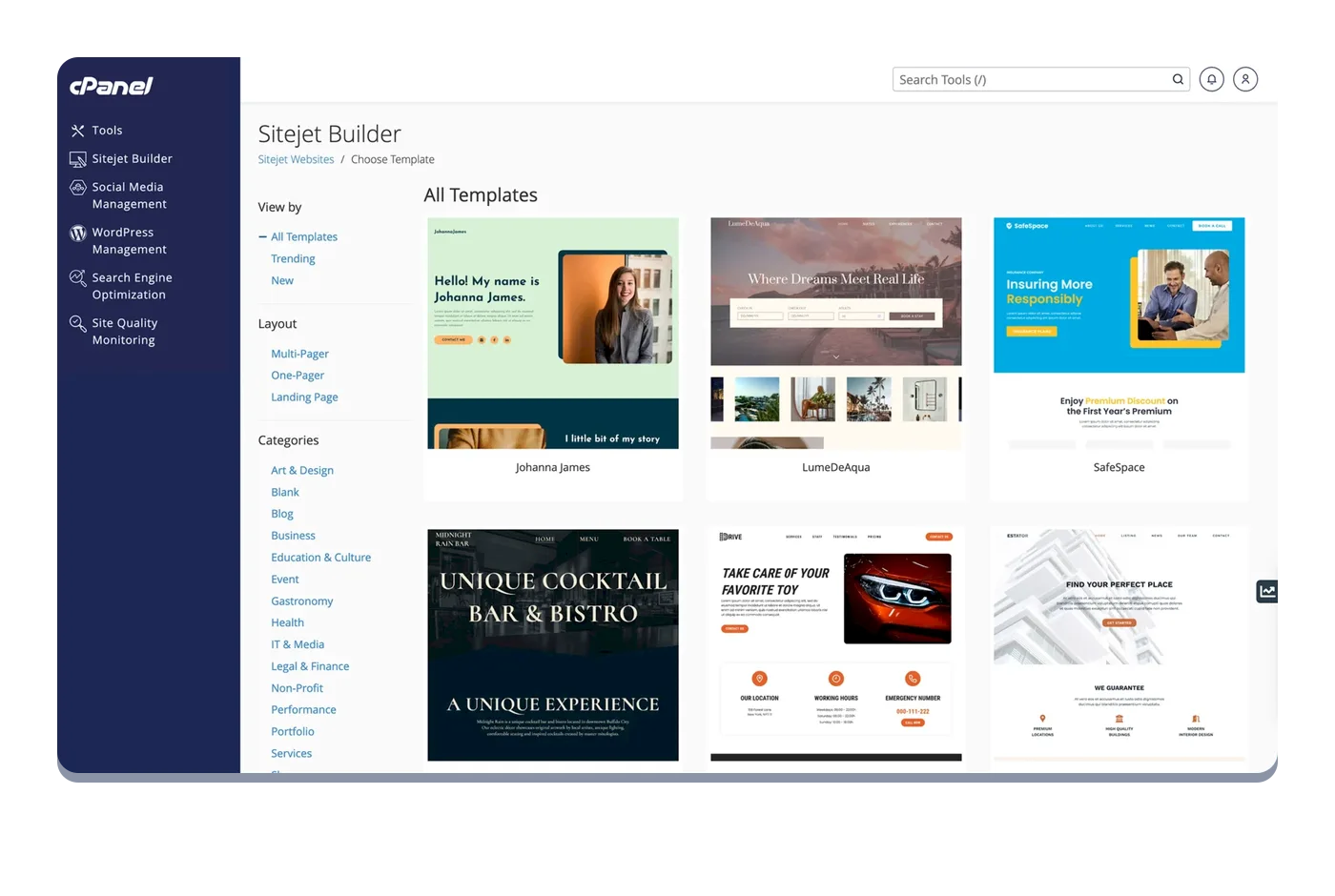 Sitejet Builder template gallery inside cPanel