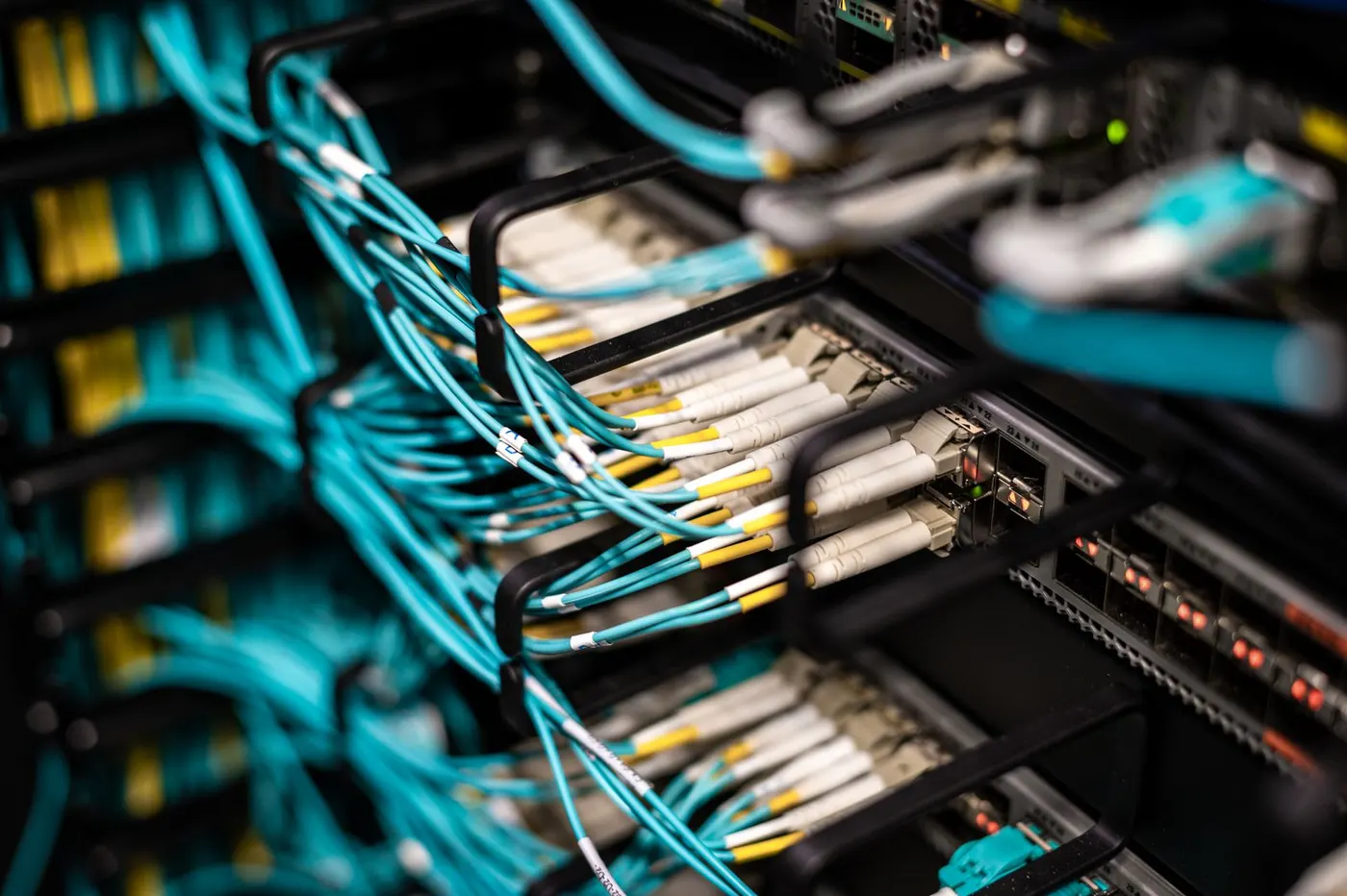 Network cables connected to a server patch panel in a data center
