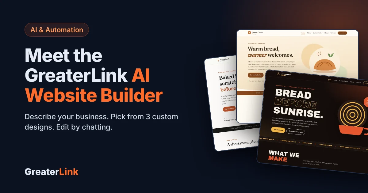GreaterLink AI Website Builder: three custom website designs made by AI