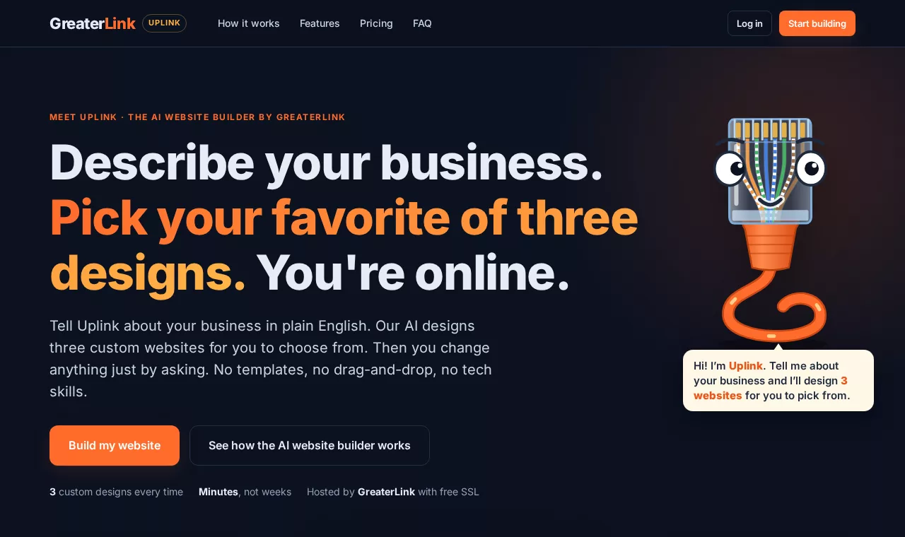 The Uplink AI Website Builder home page with the Uplink mascot