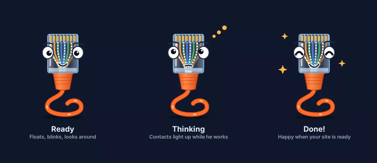 Uplink the Ethernet-plug mascot in three moods: ready, thinking and done