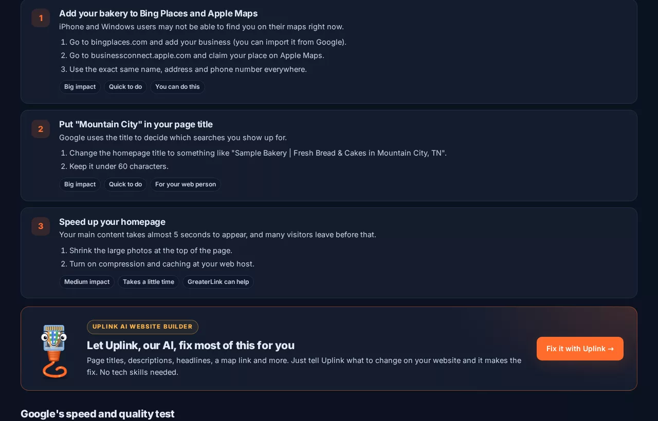Uplink SEO Checkup to-do list with steps ranked by impact and a button to let Uplink fix them